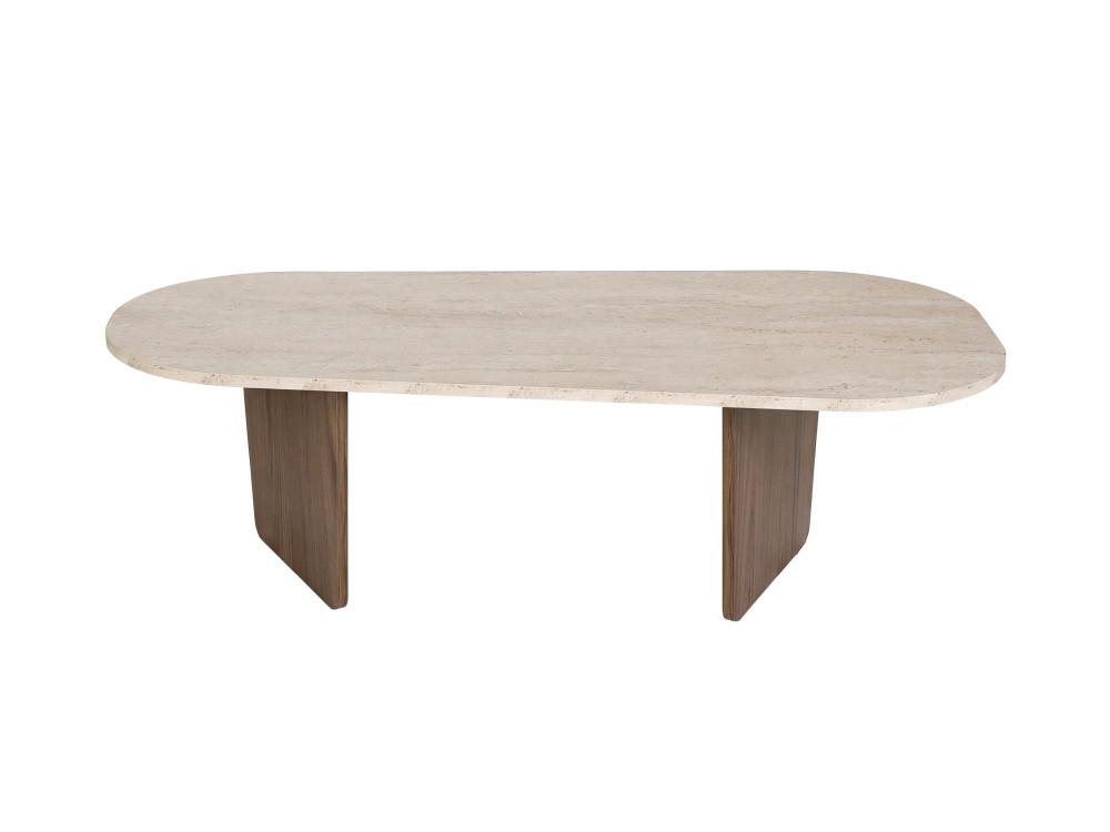 Ovalis" wooden coffee table - 130 x 65 x 40 cm - Travertine / Walnut