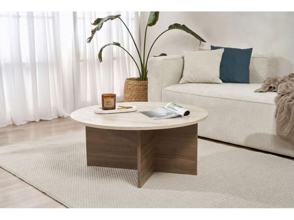 Soleil" wooden coffee table - 90 x 90 x 40 cm - Travertine
