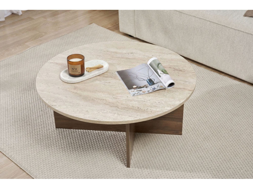 Soleil" wooden coffee table - 90 x 90 x 40 cm - Travertine
