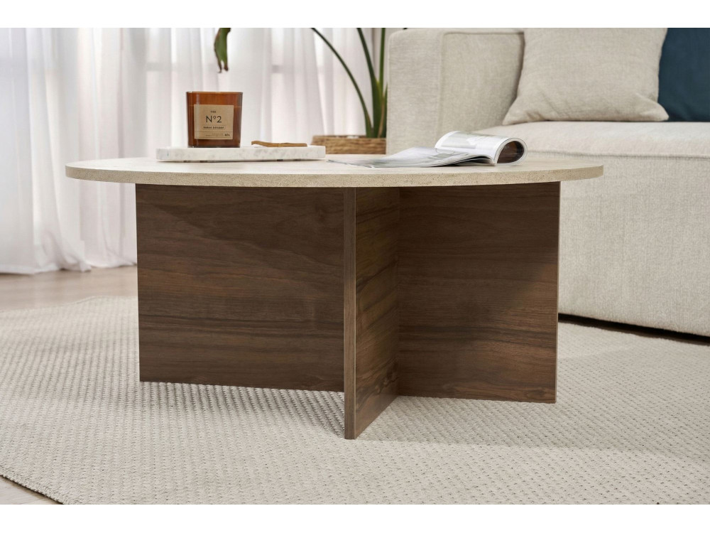 Soleil" wooden coffee table - 90 x 90 x 40 cm - Travertine