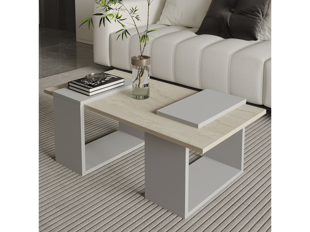 Matris" wooden coffee table - 90 x 46 x 37 cm - Travertine
