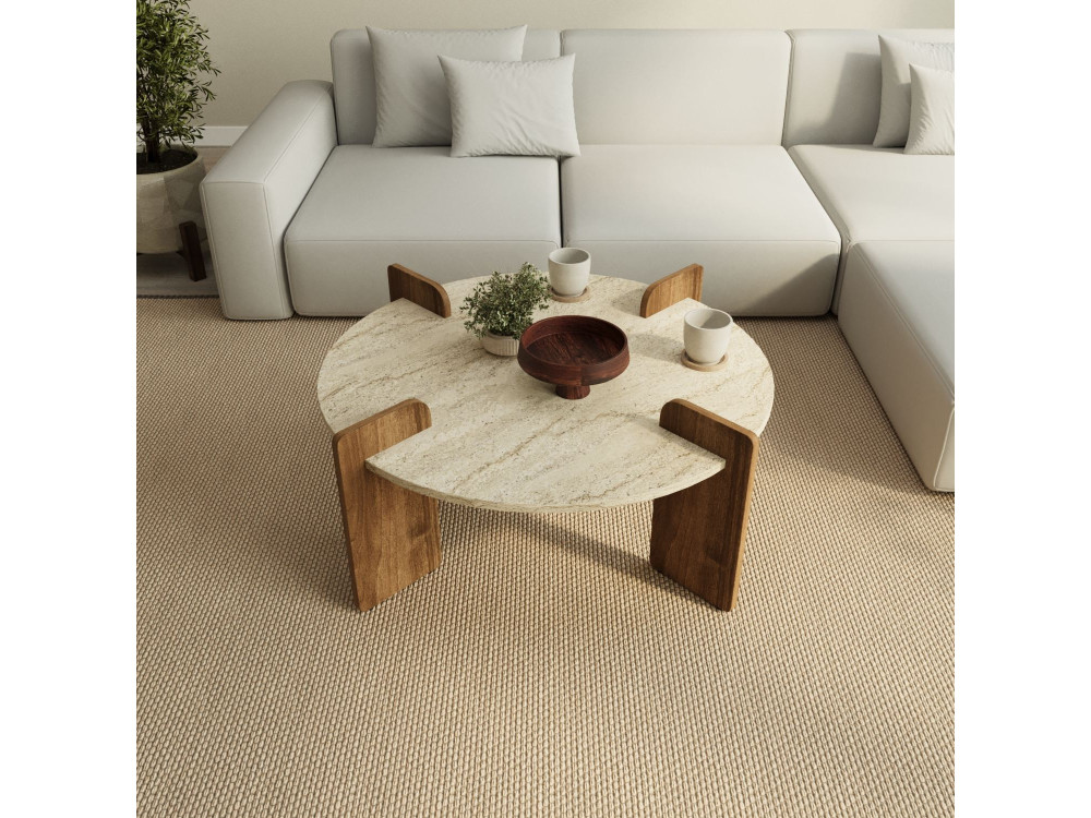 Avoure" wooden coffee table - 90 x 90 x 35 cm - Travertine