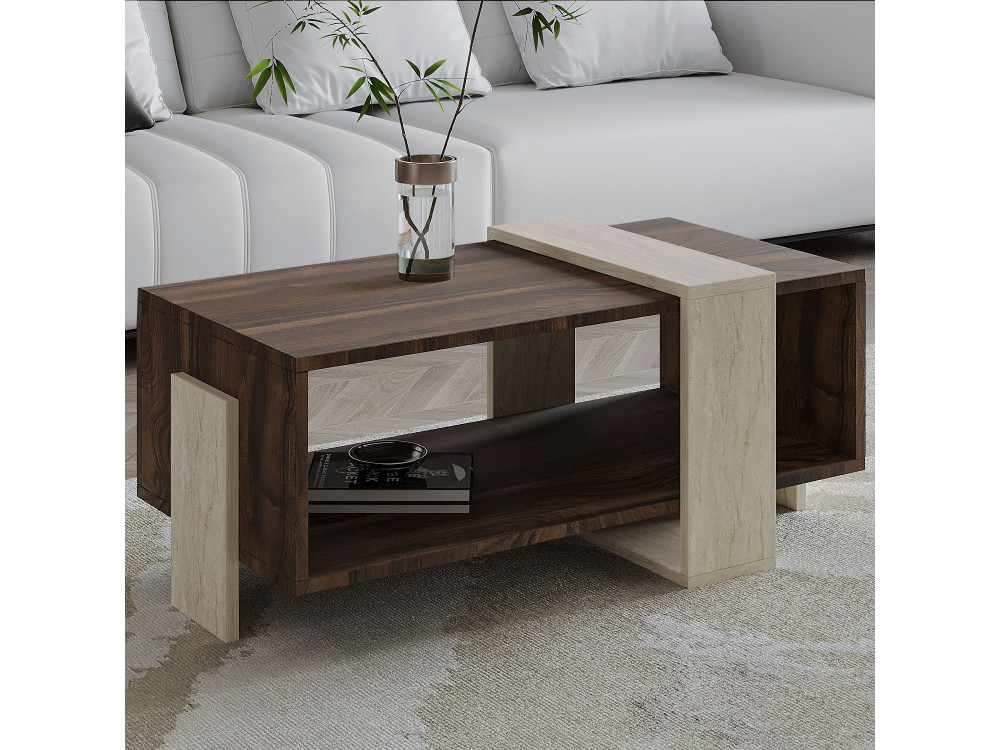 Meleni" wooden coffee table - 90 x 49 x 40 cm - Travertine