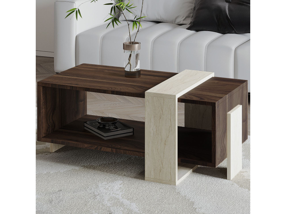 Meleni" wooden coffee table - 90 x 49 x 40 cm - Travertine