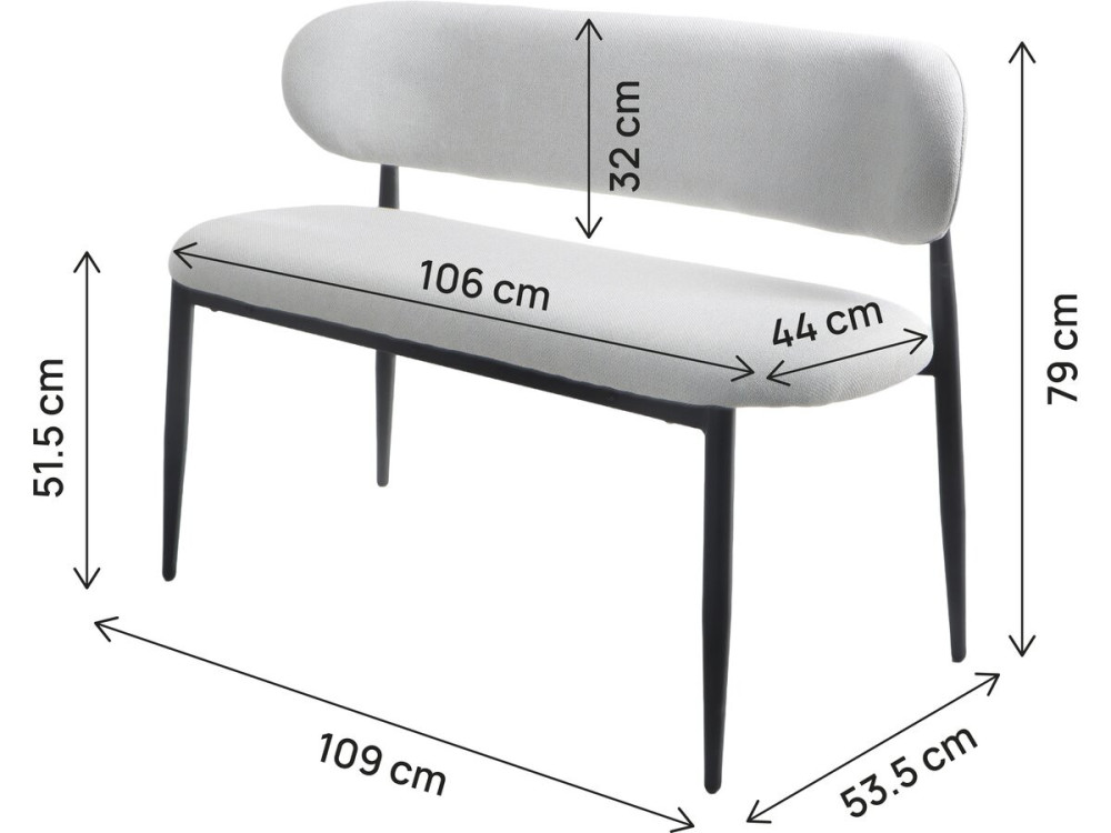 Fabric dining bench - 110 cm - "Sélène" - 3 seater - Light grey and Black