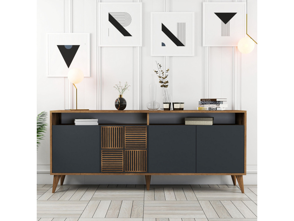 Milan" wooden sideboard - 180 x 35 x 78 cm - Walnut Anthracite