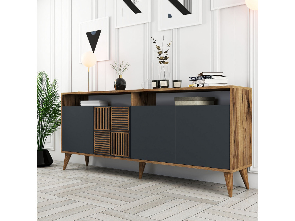 Milan" wooden sideboard - 180 x 35 x 78 cm - Walnut Anthracite