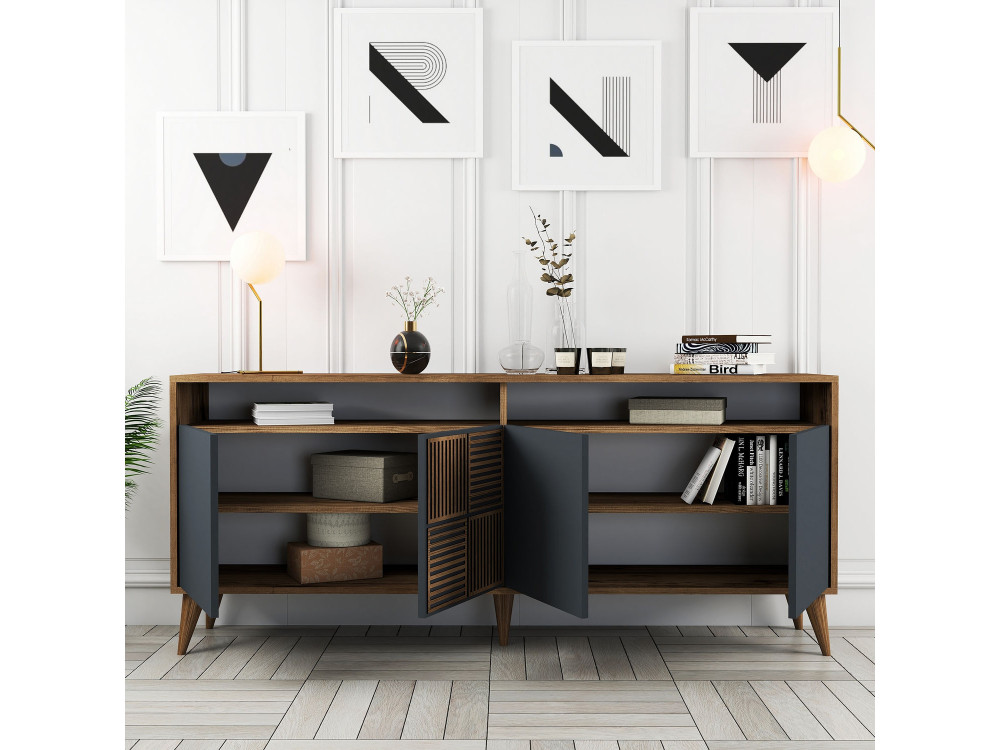 Milan" wooden sideboard - 180 x 35 x 78 cm - Walnut Anthracite