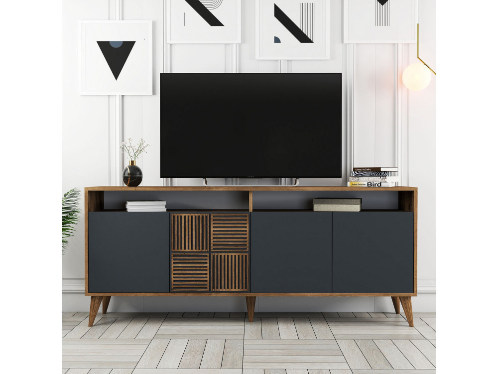 Milan" wooden sideboard - 180 x 35 x 78 cm - Walnut Anthracite