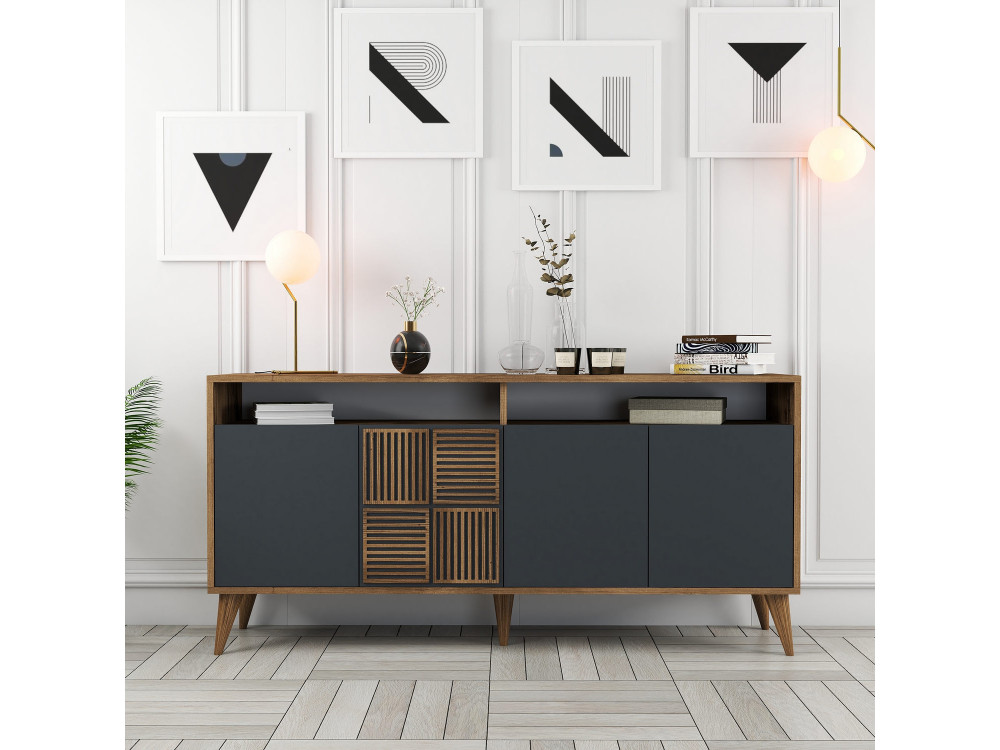 Milan" wooden sideboard - 160 x 35 x 78 cm - Walnut, Anthracite