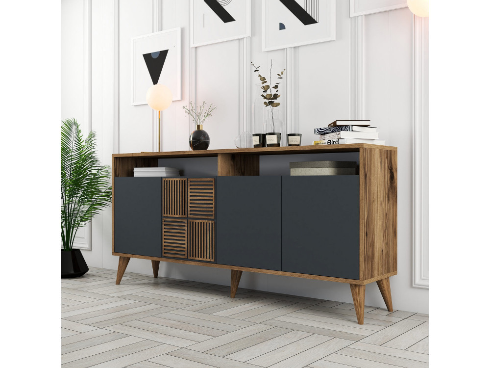Milan" wooden sideboard - 160 x 35 x 78 cm - Walnut, Anthracite