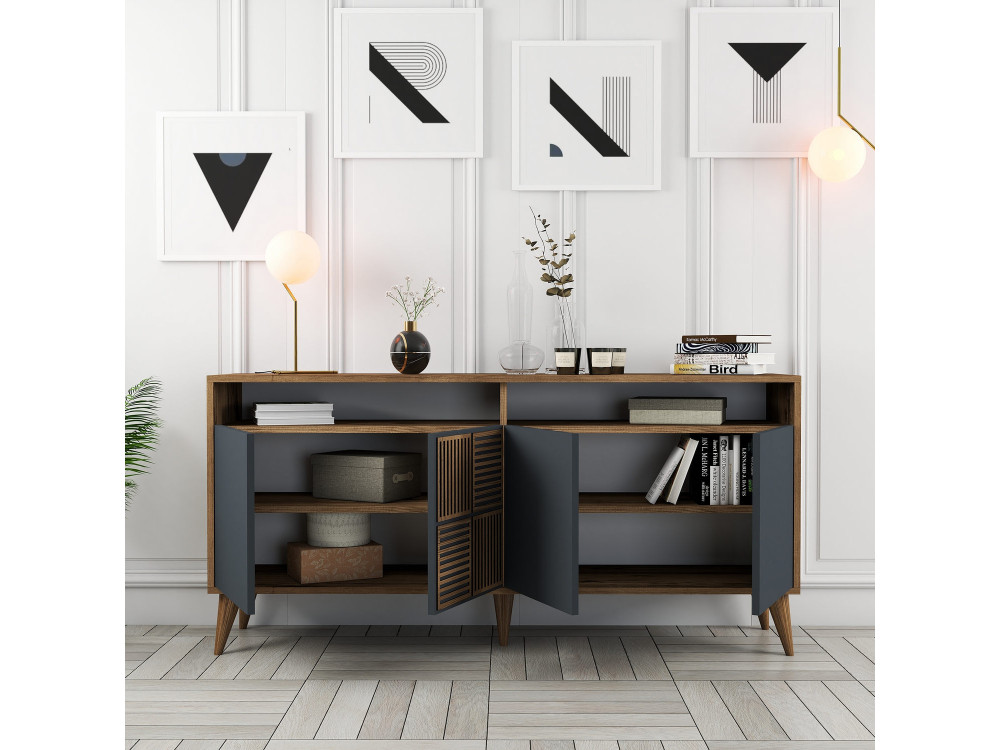 Milan" wooden sideboard - 160 x 35 x 78 cm - Walnut, Anthracite
