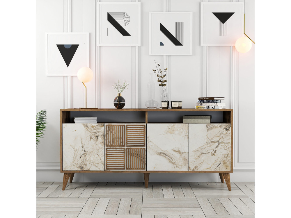 Milan" wooden sideboard - 160 x 35 x 78 cm - Walnut, White Marble