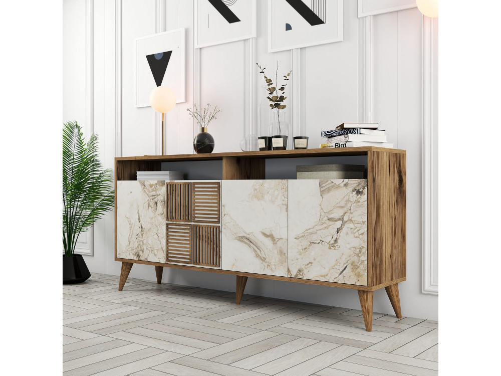 Milan" wooden sideboard - 160 x 35 x 78 cm - Walnut, White Marble