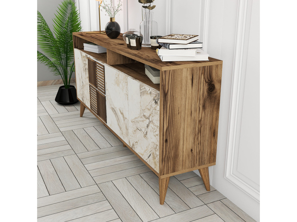 Milan" wooden sideboard - 160 x 35 x 78 cm - Walnut, White Marble