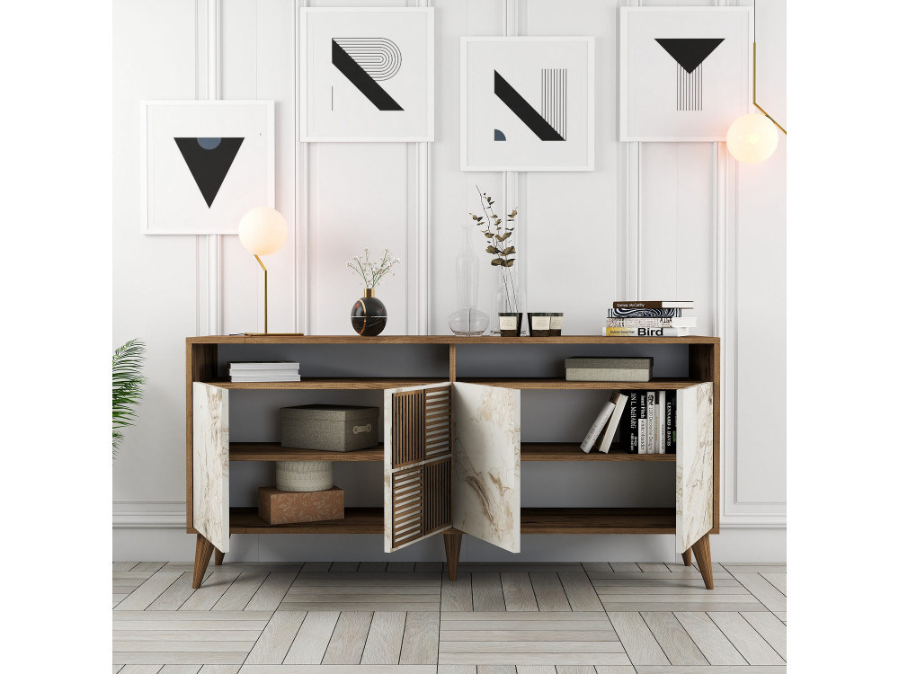 Milan" wooden sideboard - 160 x 35 x 78 cm - Walnut, White Marble