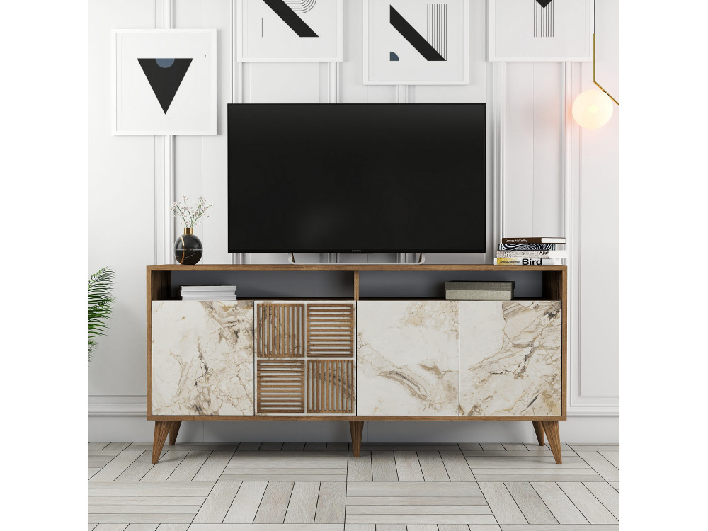 Milan" wooden sideboard - 160 x 35 x 78 cm - Walnut, White Marble