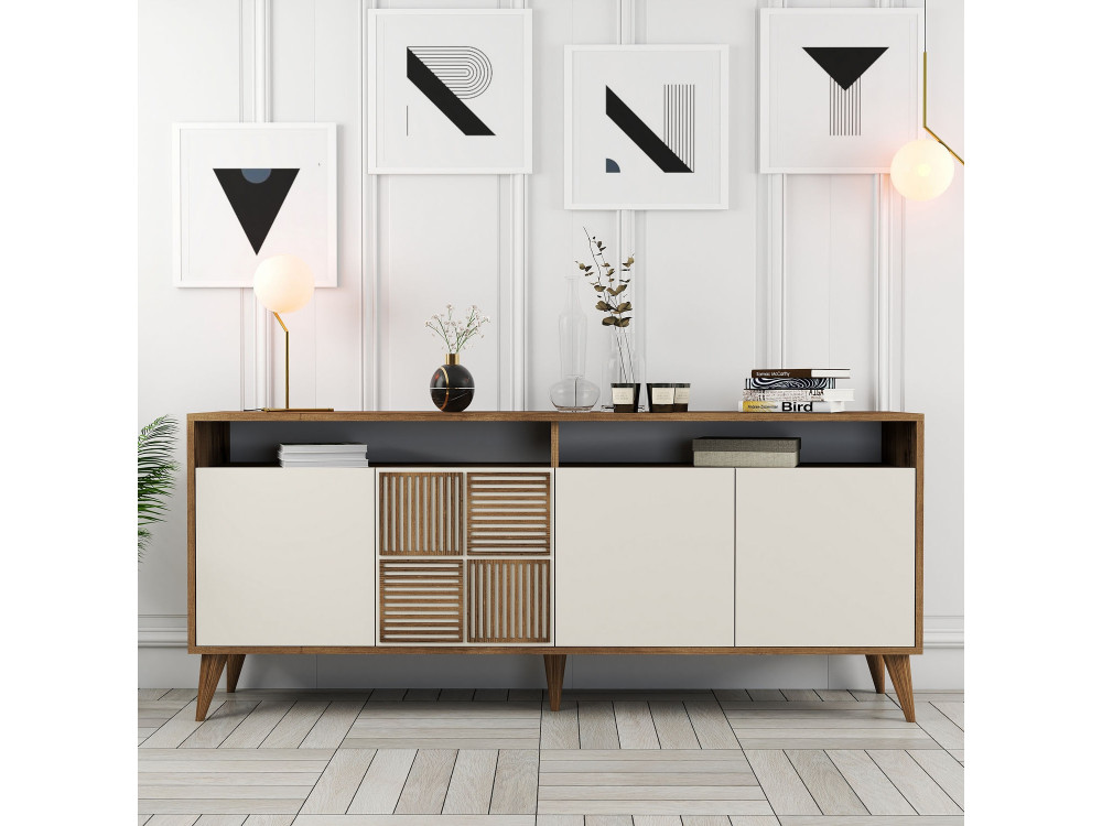 Milan" wooden sideboard - 180 x 35 x 78 cm - Walnut, Cream
