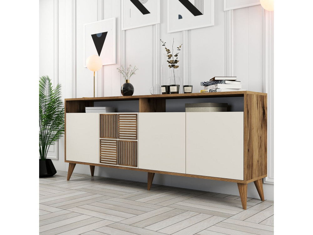 Milan" wooden sideboard - 180 x 35 x 78 cm - Walnut, Cream
