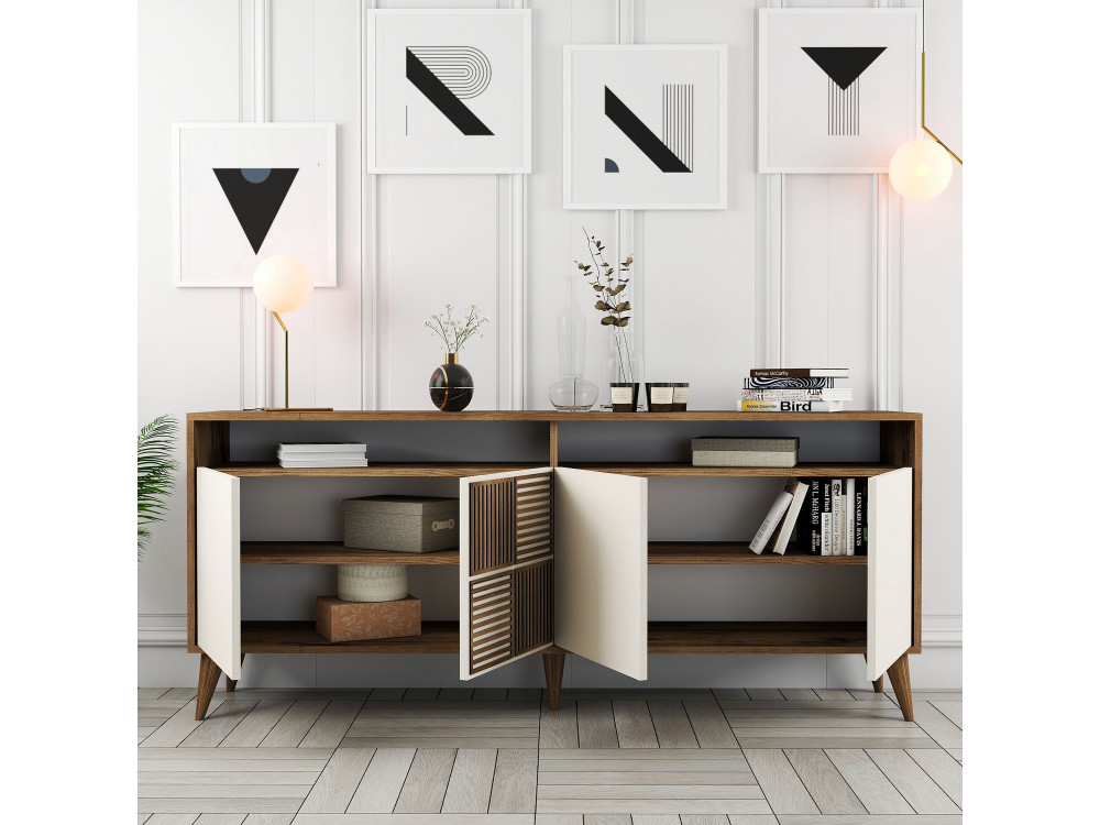 Milan" wooden sideboard - 180 x 35 x 78 cm - Walnut, Cream