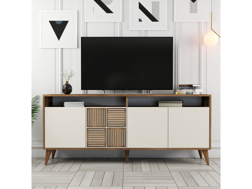 Milan" wooden sideboard - 180 x 35 x 78 cm - Walnut, Cream