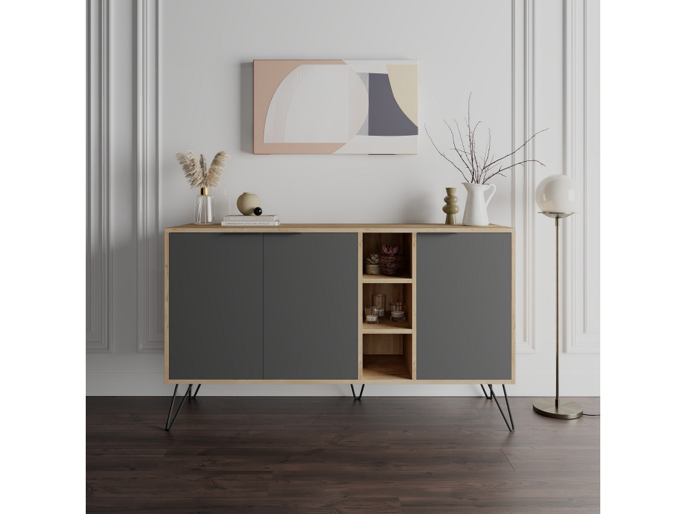 Clara" wooden sideboard - 142 x 36 x 83 cm - Charcoal grey