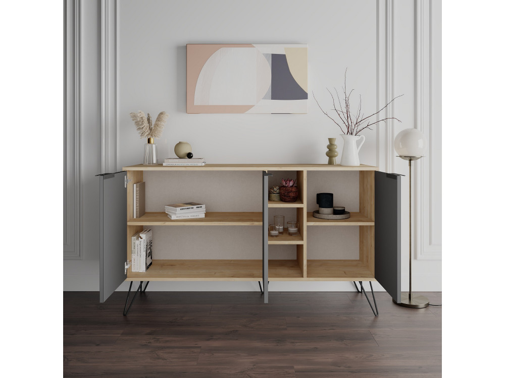 Clara" wooden sideboard - 142 x 36 x 83 cm - Charcoal grey