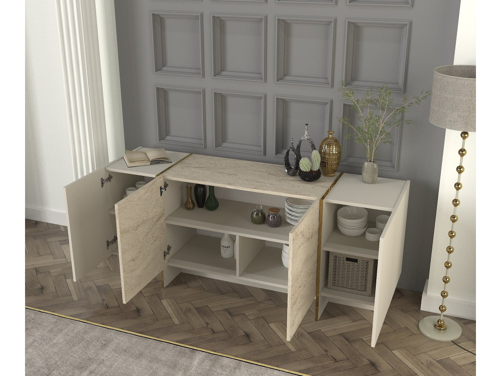 Veyron" wooden sideboard - 180 x 46 x 75 cm - Travertine, Sandstone