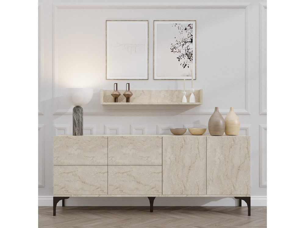 Wooden sideboard with wall shelf "Stella" - 180 x 40 x 55 cm - Travertine