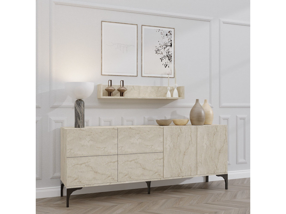 Wooden sideboard with wall shelf "Stella" - 180 x 40 x 55 cm - Travertine