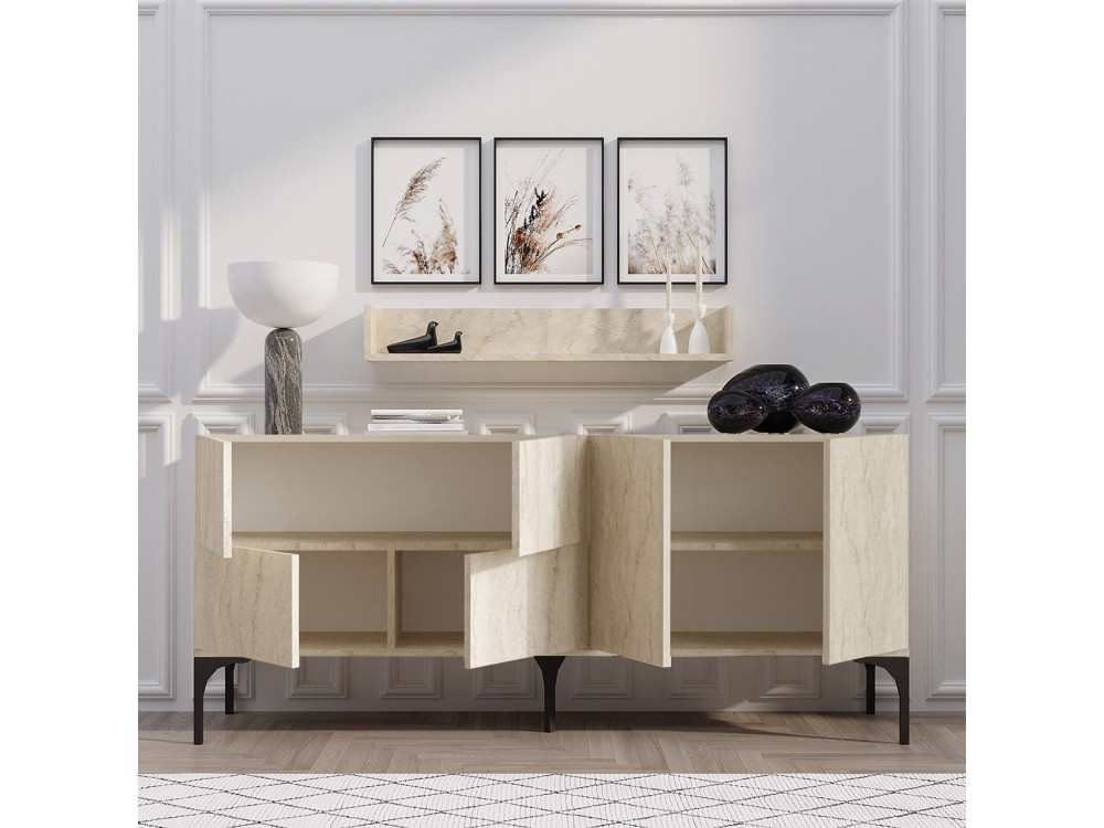 Wooden sideboard with wall shelf "Stella" - 180 x 40 x 55 cm - Travertine