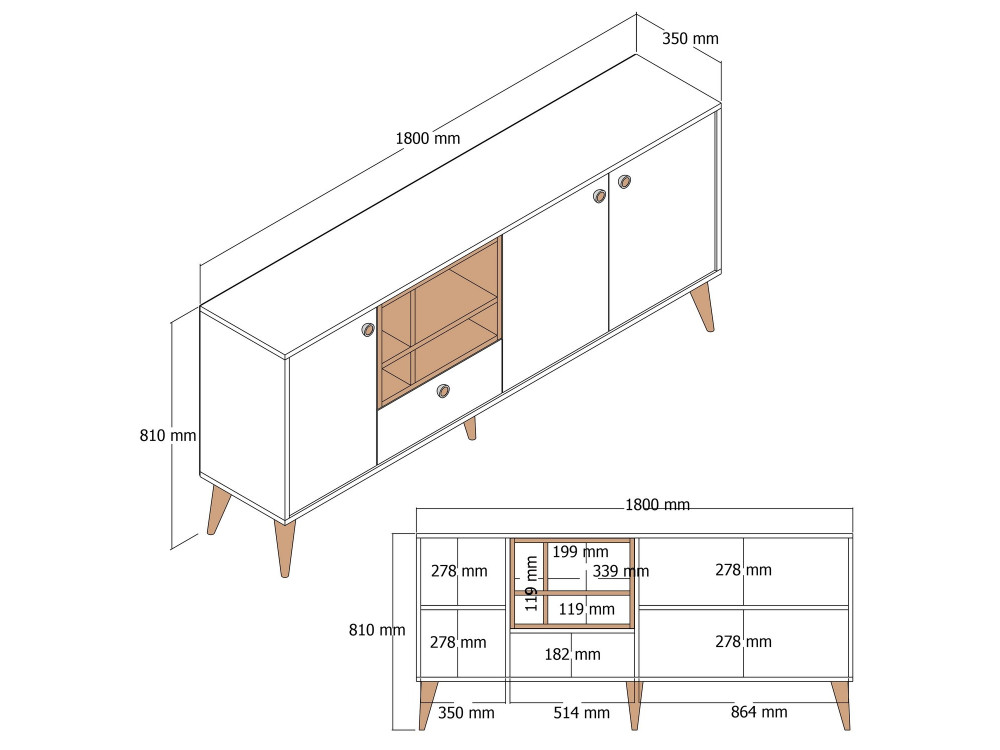 Napoli" wooden sideboard - 180 x 35 x 81 cm - Cream