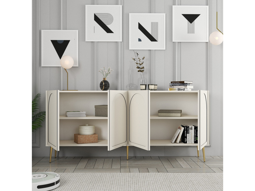 Lyon" wooden sideboard - 180 x 35 x 80 cm - Cream, Gold