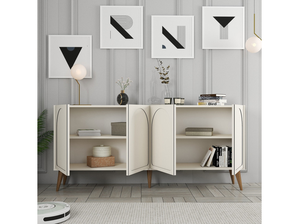 Lyon" wooden sideboard - 180 x 35 x 81 cm - Cream, Walnut
