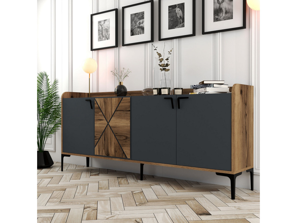 Venedik" wooden sideboard - 180 x 35 x 78 cm - Anthracite grey