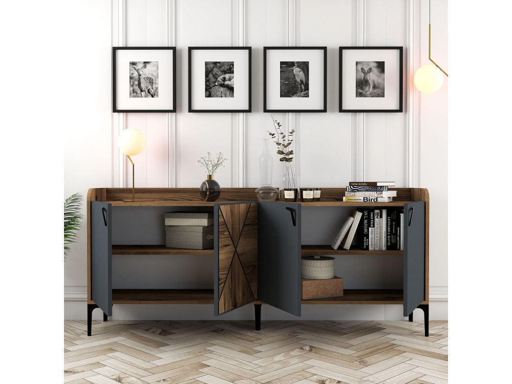 Venedik" wooden sideboard - 180 x 35 x 78 cm - Anthracite grey
