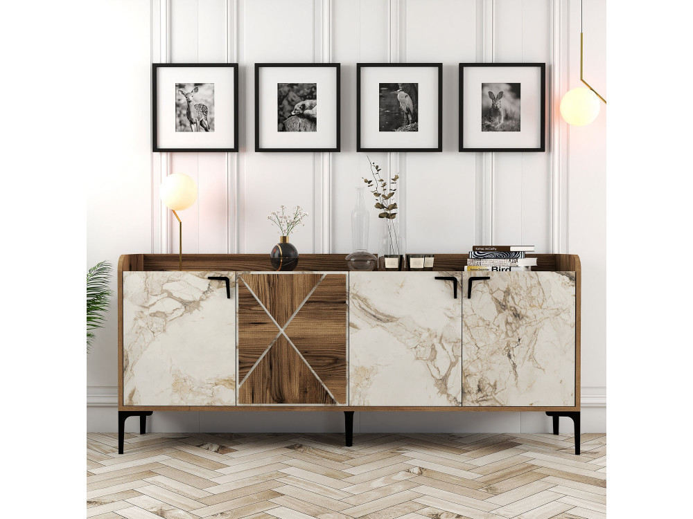 Venedik" wooden sideboard - 180 x 35 x 78 cm - Marbled white