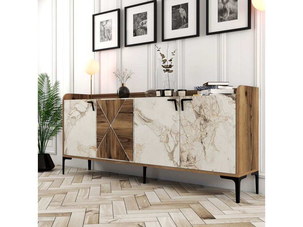 Venedik" wooden sideboard - 180 x 35 x 78 cm - Marbled white