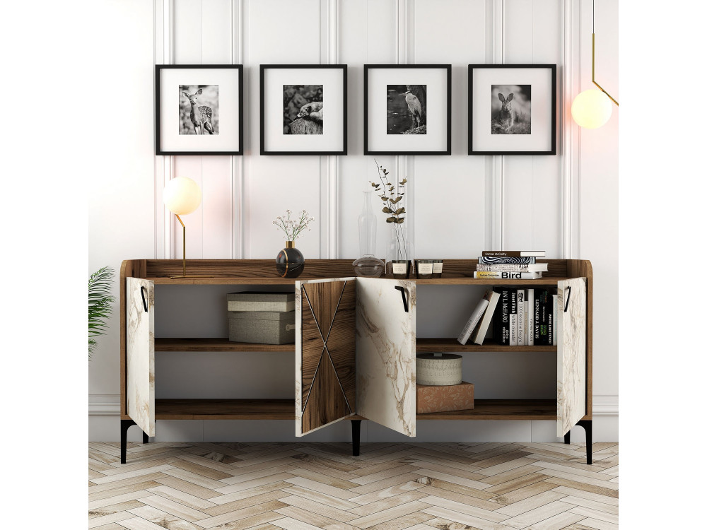 Venedik" wooden sideboard - 180 x 35 x 78 cm - Marbled white