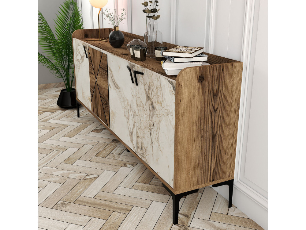Venedik" wooden sideboard - 180 x 35 x 78 cm - Marbled white
