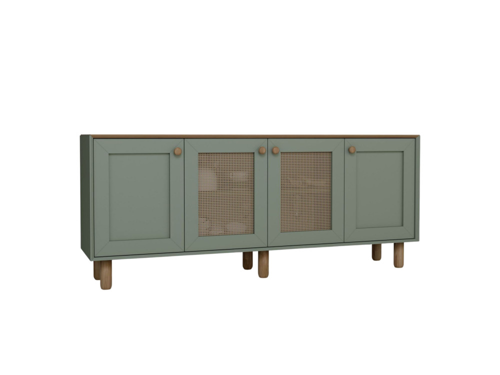 Bohemian" wood and cane sideboard - 180 x 40 x 75 cm - Green