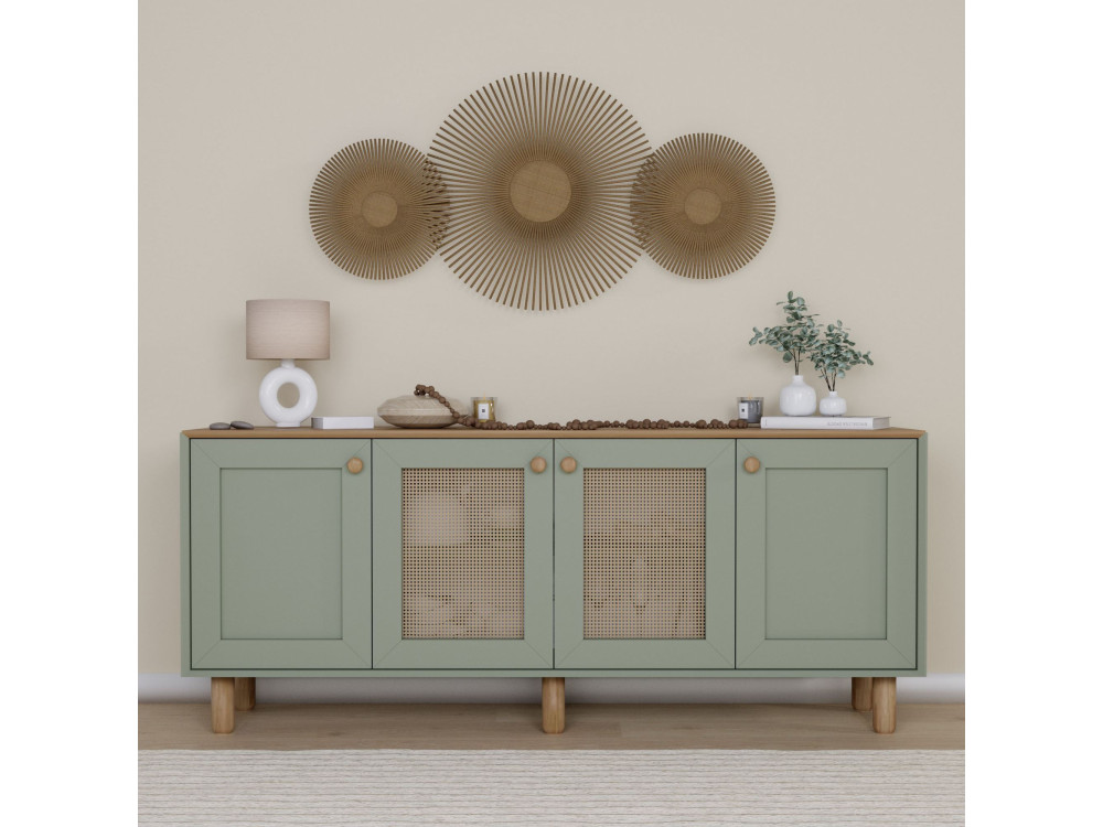 Bohemian" wood and cane sideboard - 180 x 40 x 75 cm - Green