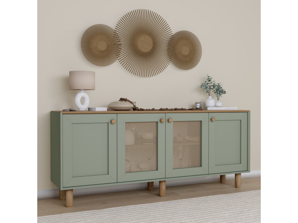 Bohemian" wood and cane sideboard - 180 x 40 x 75 cm - Green