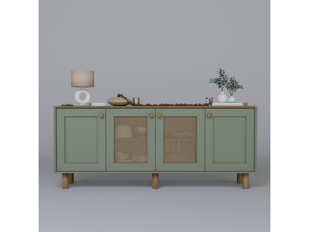 Bohemian" wood and cane sideboard - 180 x 40 x 75 cm - Green