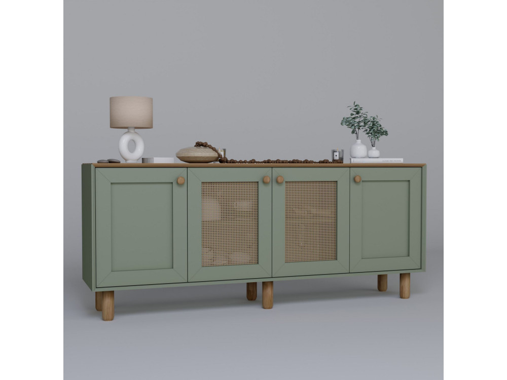 Bohemian" wood and cane sideboard - 180 x 40 x 75 cm - Green