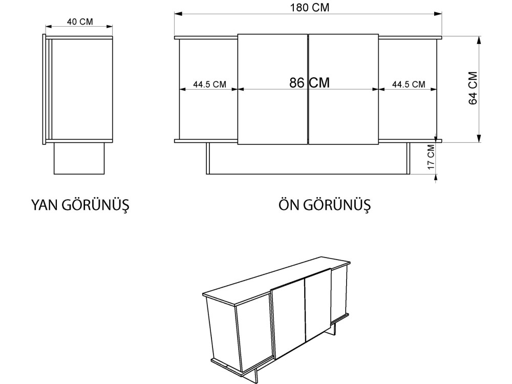 Diana" wooden sideboard - 180 x 40 x 81 cm - Charcoal grey