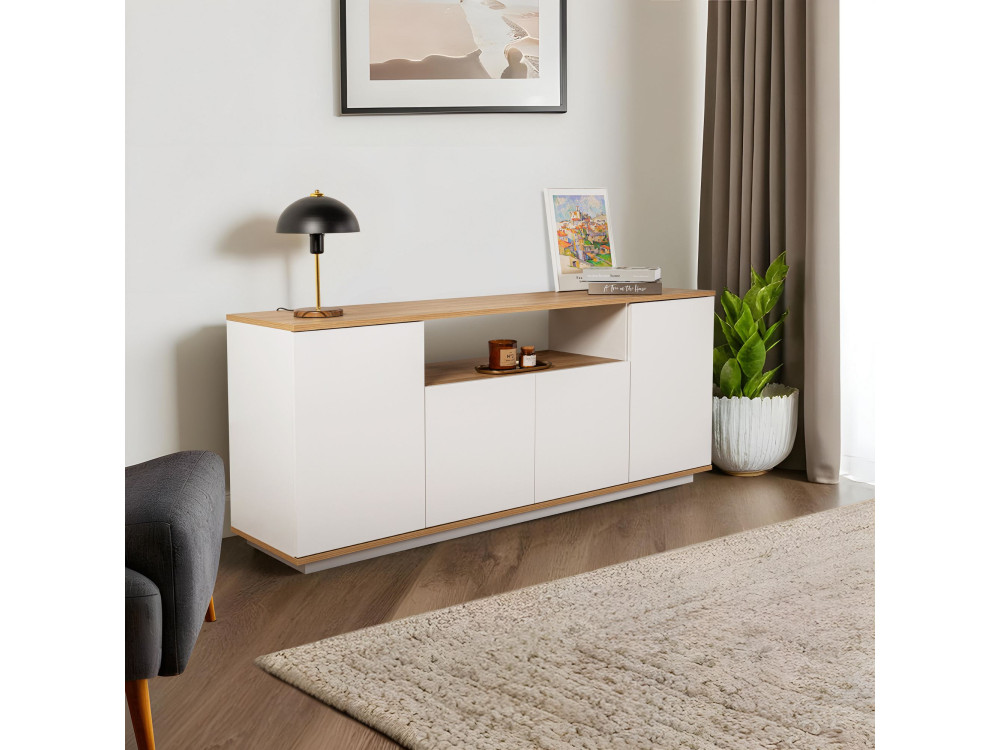 Arista" wooden sideboard - 180 x 44.5 x 75 cm - White / Cadiz Oak