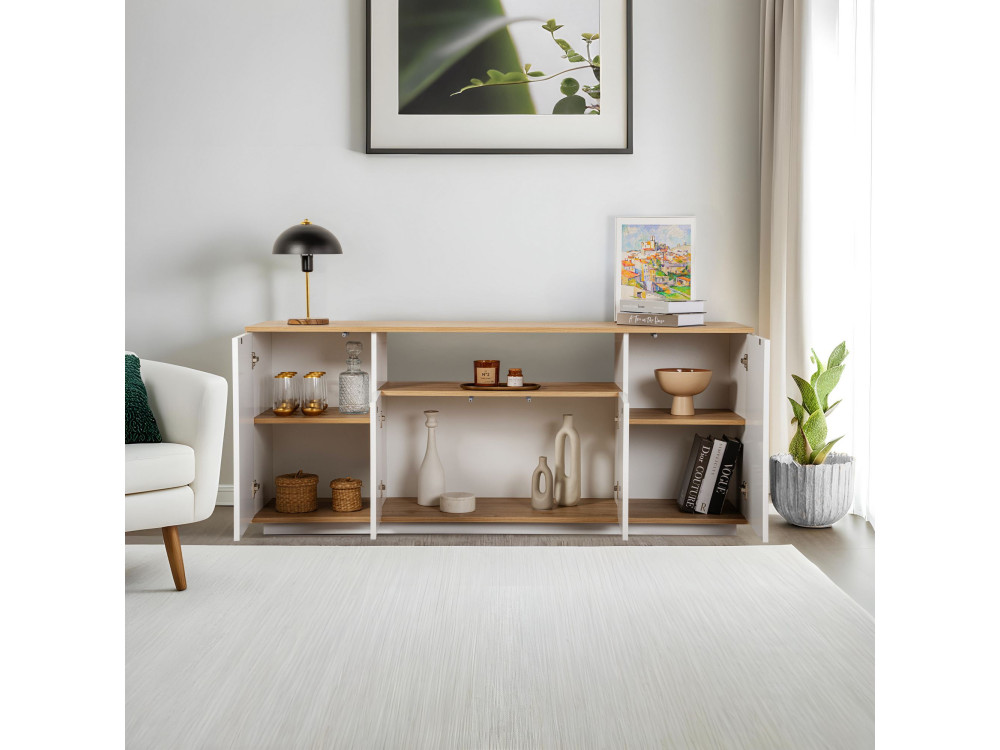 Arista" wooden sideboard - 180 x 44.5 x 75 cm - White / Cadiz Oak