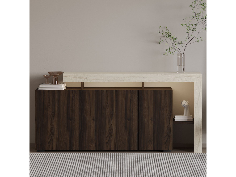 Beliz" wooden sideboard - 170 x 35 x 80 cm - Travertine / Walnut