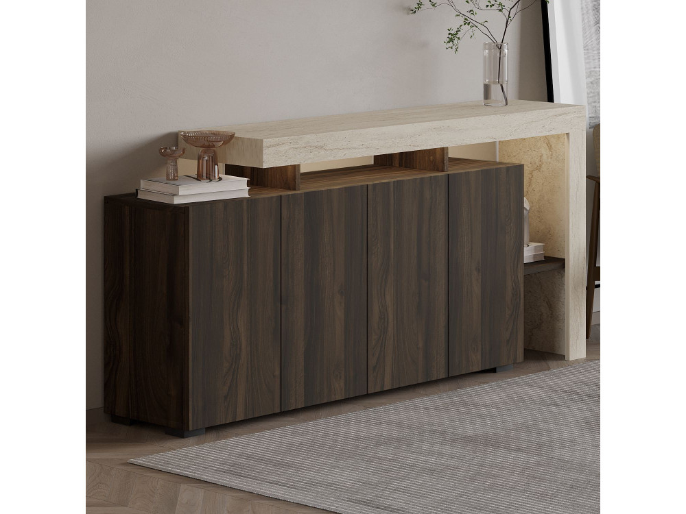 Beliz" wooden sideboard - 170 x 35 x 80 cm - Travertine / Walnut